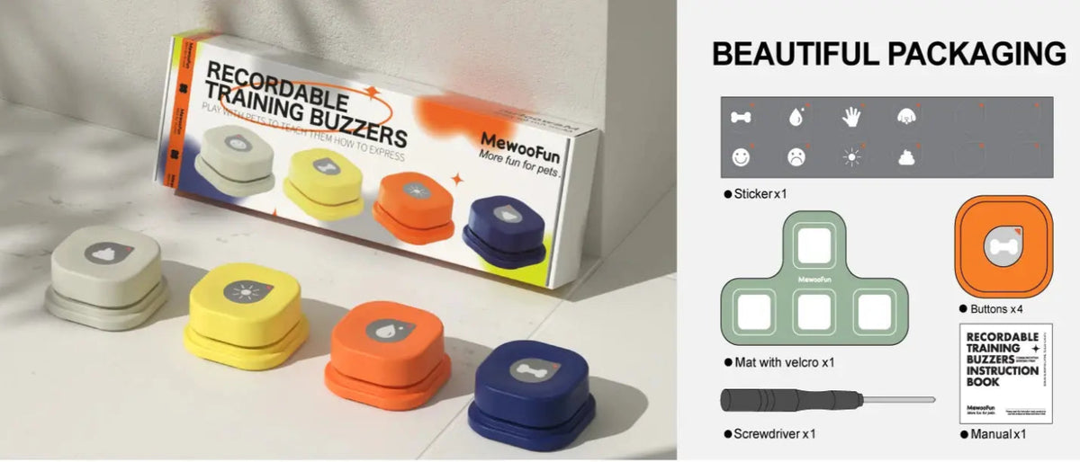 Cat Talking Buttons Set – Customizable recordable sound buttons with anti-slip mat, designed to teach cats simple words and commands