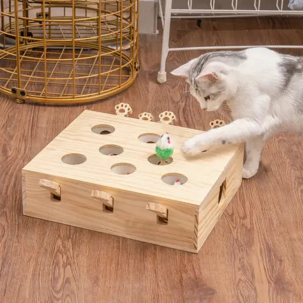 Wooden Whack-a-Mole Cat Toy – Interactive play for cats, stimulating their hunting instincts with moving pegs for endless fun and engagement